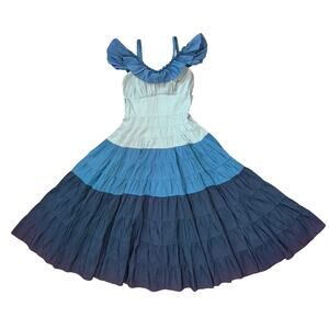 Vintage Prairie Revival Blue Ombre Tiered Dress with Ruffle Straps
